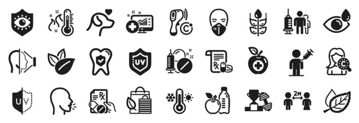 Set of Healthcare icons, such as Dumbbell, Medical prescription, Organic product icons. Gluten free, Face id, Medical vaccination signs. Cough, Pets care, Social distancing. Leaf. Vector