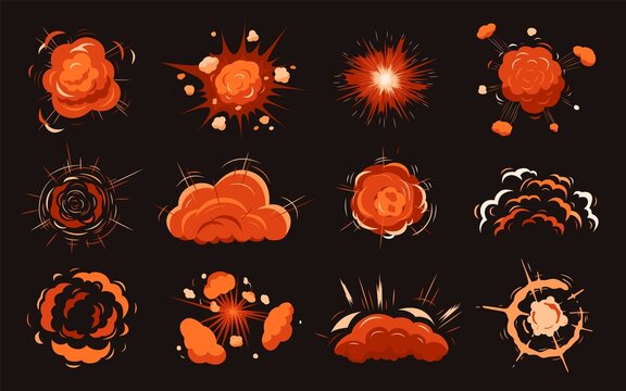 Cartoon fire explosion. War bomb, blast effects gaming. Dynamite explosions, bright red clouds. Comic style elements, big boom and smoke recent vector set