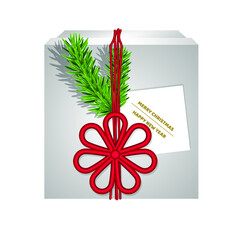 White gift box with a scarlet flower, wrapped with a lace, spruce branch, greeting card. Vector illustration, realistic volumetric design, isolated on white background, eps 10.