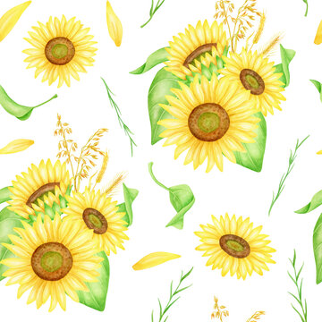 Sunflowers seamless pattern. Hand painted watercolor bouquets with yellow flowers and wheat spikelets illustration. Bright floral repeated background isolated on white for textile, wrapping, fabrics.