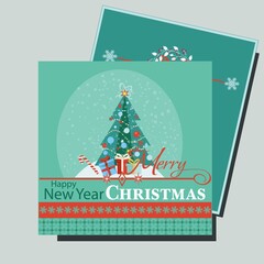 merry christmas and happy new year card with christmas tree and gifts under it