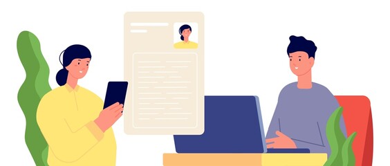 Girl send resume to HR. Recruitment, woman looking job online. CV in internet, web connect with professionals. Find new work vector concept