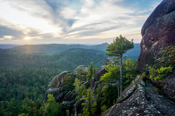 Krasnoyarsk Pillars Nature Reserve at sunset