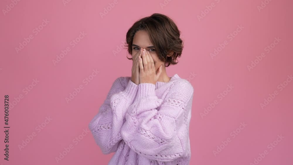 Sticker Friendly lady meet guy shy feelings isolated pastel color background