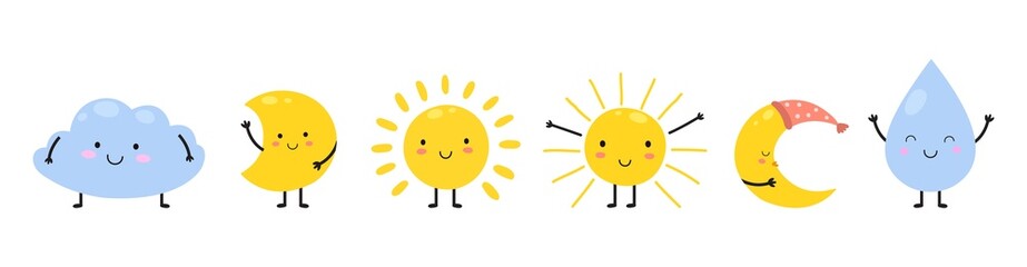 Sun characters. Suns, cloud and crescent. Moon and cute water drop. Flat cartoon weather elements, isolated vector set