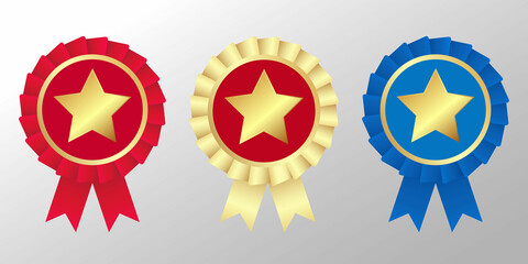 A set of awards with a gold star in the center, edged with red, gold and blue ribbons. 3 D. Vector illustration.