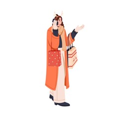 Happy woman walking and talking on mobile phone after Christmas shopping. Person with Xmas gifts in bags going and speaking on smartphone. Flat graphic vector illustration isolated on white background
