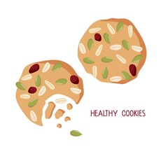 Healthy oat coookies full of pumpkin seeds, grains and dried fruit. Homemade not too sweet oatmeal cookies. Overhead view isolated. Vector flat For menu, cafe, restaurant. Healthy snack.