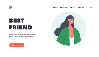 Best Friend Landing Page Template. Cheerful Girl, Happy Millenial Woman Wear Casual Clothes Smiling, Human Bonds