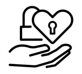 Lock of love in hands icon. Flat heart pictogram for web. Line stroke. Simple hands symbol isolated on white background. Outline icon vector eps10