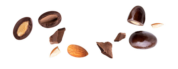 almond blast with chocolate fly,chocolate ball flavour almond,almond broken piece on white isolated