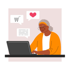 Fototapeta na wymiar Happy arican black grandma with laptop. Seniors, online communication, shopping. Vector illustration with character