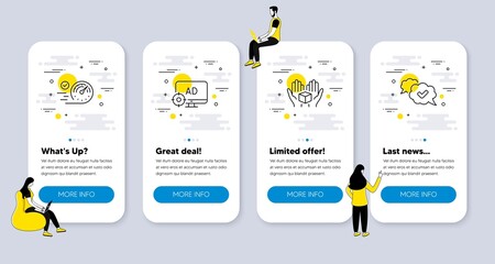 Vector Set of Business icons related to Speedometer, Hold box and Seo adblock icons. UI phone app screens with people. Approved line symbols. Time concept, Delivery parcel, Search engine. Vector