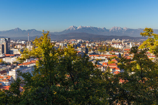 Ljubljana cityscape mountains view, Slovenia