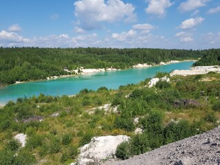 Trees grow on the banks of the turquoise lake