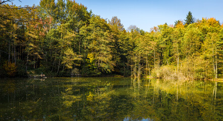 Fototapeta na wymiar Autumn colors fishing pond, Slovenia
