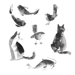 Sumi-e painting animals. Cat, fish and bird. Beautiful hand drawn illustration