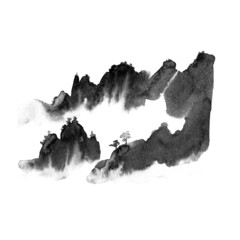 Sumi-e ink painting landscape. Mountains, fog and forest.