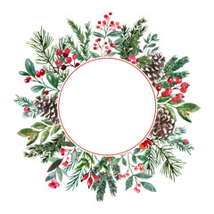 Christmas winter foliage round frame, invitation template. Watercolor hand painted pine and spruce branches, red berries, mistletoe, pine cones. Winter botanical wreath with space for text. - obrazy, fototapety, plakaty
