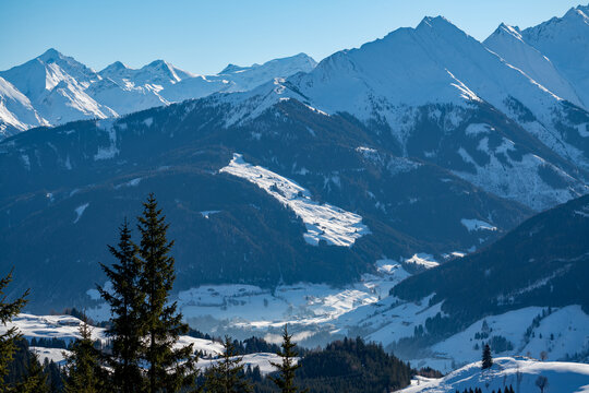 beautiful view of the snow capped hohe tauern in austria at a sunny winter day in december