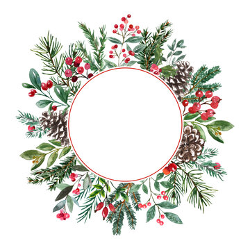 Christmas winter foliage round frame, invitation template. Watercolor hand painted pine and spruce branches, red berries, mistletoe, pine cones. Winter botanical wreath with space for text.