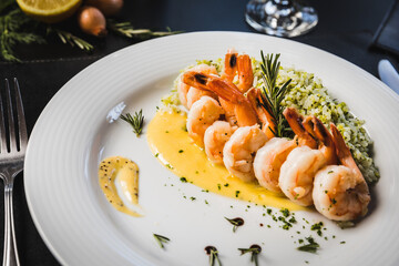 Delicious Contemporary Classic Food Dish Plate Menu Lunch Breakfast Rice Beans Pasta Sausage Shrimp on the Table