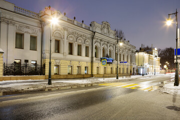 Fototapeta premium Moscow, Russia, Evening on Prechistinka street. The building was built at the end of the 18th century in the classical style with a predominance of Baroque and Rococo motifs.