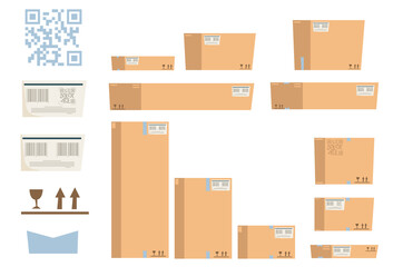 Carton delivery packaging box with fragile signs. Cardboard box mockup set. Vector illustration in modern flat style