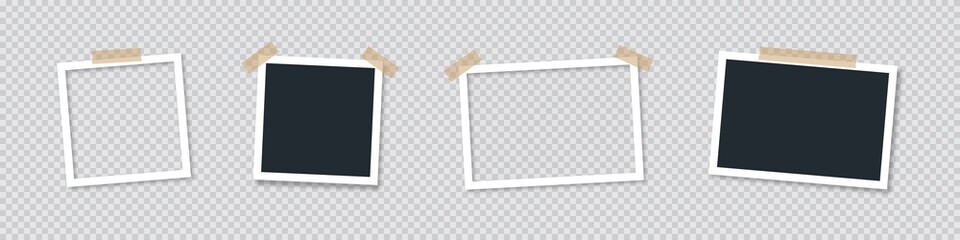 Photo frame set. Pictures isolated mockup vector set. Horizontal and square white blank  photo frames templates with adhesive tape.