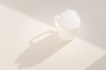 The white mug filled with milk foam shot from the top.