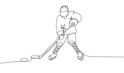 Continuous one line drawing of ice hockey player. Sport tournament concept. Winter season sport.  Vector illustration