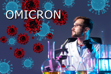 Omicron logo on medical scientific background. New coronavirus strain study. Tests for Covid-19. Treatment and prevention of covid infection. Vaccines against mutated coronavirus SARS-CoV-2. 3d image