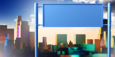 Billboard on the background of the city. An empty banner and blurred silhouettes of houses. Metal billboard. Billboard on two supports. Informing, advertising, promotion. Place for your info. 3d image