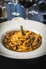 Delicious Contemporary Classic Food Dish Plate Menu Lunch Breakfast Rice Beans Pasta Sausage Shrimp on the Table