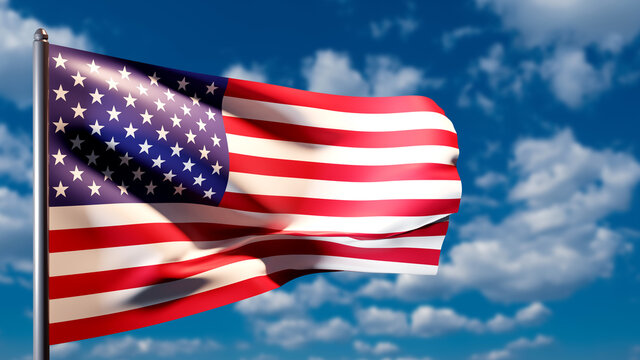 National flag of America on a flagpole in front of blue sky. American flag on a beautiful sky background. The national flag of the United States. A banner with stars and stripes. 3d image