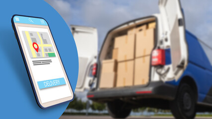 Delivery service. Courier application on a smartphone. A map with a delivery route. Minibus with parcels. The delivery man's car. Moving, cargo transportation. 3d image.