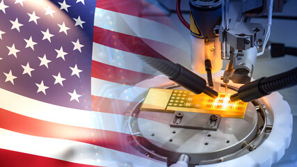 Microprocessor manufacturing in America. Microelectronics production equipment. USA...