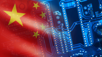 High-tech industry in China. PCB and chinese flag background. Microprocessor manufacturing in...