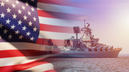Navy, naval forces of USA. Flag of America next to warship. United States missile cruiser. Large...