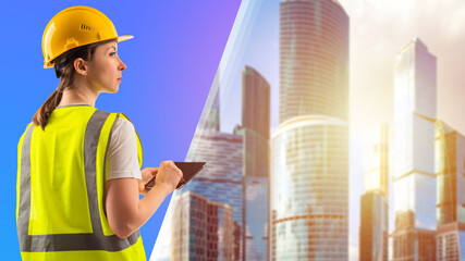 A woman in a construction helmet on the background of skyscrapers. An engineer or architect with a...