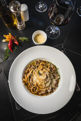 Delicious Contemporary Classic Food Dish Plate Menu Lunch Breakfast Rice Beans Pasta Sausage Shrimp on the Table