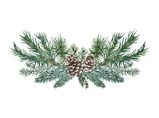 Watercolor pine branches open wreath illustration. Hand painted winter foliage, pine cones on white background. Festive Christmas frame.