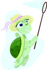 cartoon turtle with butterfly net