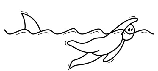 Funny cartoon man swimming and escaping from shark in a water vector flat style illustration isolated on white, danger beach, risk and hazard.