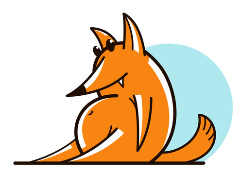 Funny cartoon fox sitting with fat belly flat vector illustration isolated on white, wildlife animal humorous drawing.
