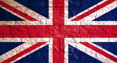 Fototapeta premium United Kingdom of Great Britain flag with gray stone wall tiles texture. Texture of old poster back with British flag. Web banner template for industrial design. Vector