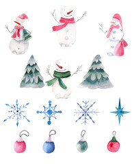 Winter watercolor set. Winter holiday elements for design. Snowmen, Christmas trees, snowflakes