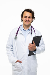 Happy man doctor standing with blank clipboard over white backgorund