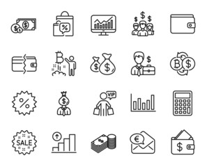 Vector set of Businessman case, Dollar money and Bitcoin project line icons set. Manager, Coins bags and Sale icons. Wallet, Vip shopping and Sale bags signs. Businessman case web symbol. Vector
