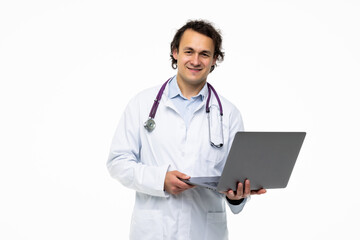 Happy Doctor Holding Laptop Looking At Camera Isolated On White Background